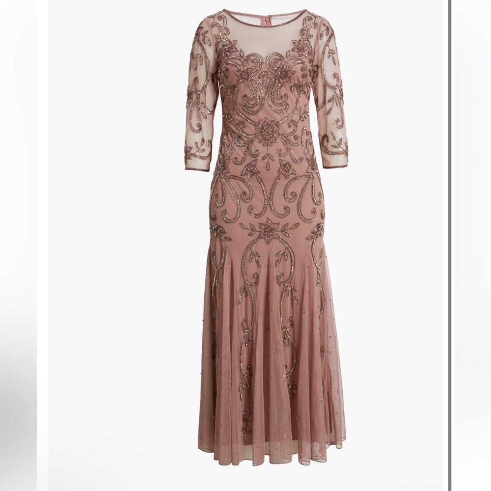 Pisarro Nights Beaded Illusion Neck Gown Mauve Tulle Flare Godet Hem Midi Size 6 - Picture 4 of 14